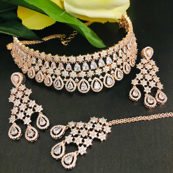 Bridal Rose Gold Choker / Silver Cubic Zirconia Choker - Etsy 日本