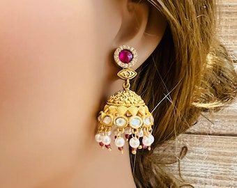 Antique Gold Jhumka Earrings: Kemp Stone, Pearl Indian Jewelry