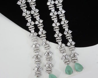 Mint Green CZ Dangle Earrings, Silver Finish, Party Jewelry