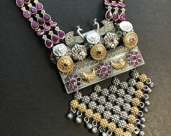 Ruby Pink Kemp Stone Oxidized Silver Necklace, Tribal Rani Haar