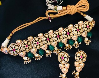 Emerald Kundan Bridal Choker Necklace, 22K Gold Finish