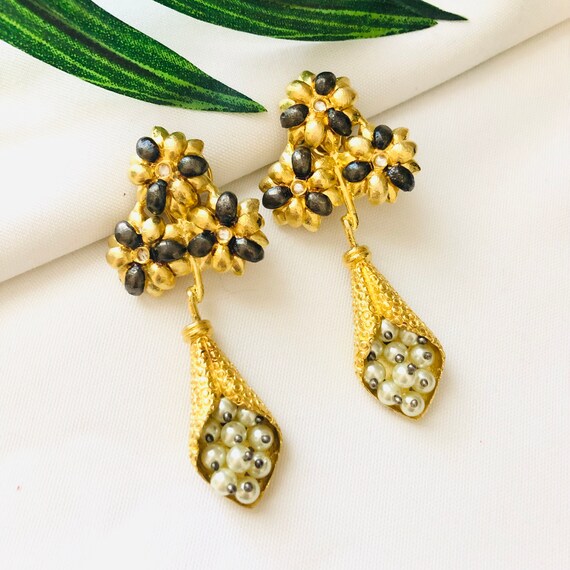 Golden Pearl Beads Earrings Golden Gray Fusion Earrings Kundan
