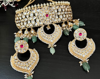 Kundan Choker Necklace Set: Ruby, Emerald, 22K Gold Plated Indian Jewelry