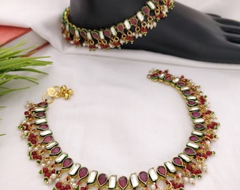 Ruby Kundan Anklets Indian Bridal Jewelry, Polki Pajeb Pair
