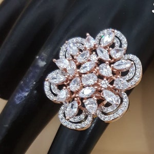 Rose Gold Designer Ring/ Statement CZ Bridal Ring / Cubic Zirconia Ring/ American Diamond Ring /Cocktail Ring /CZ Indian Wedding Jewelry