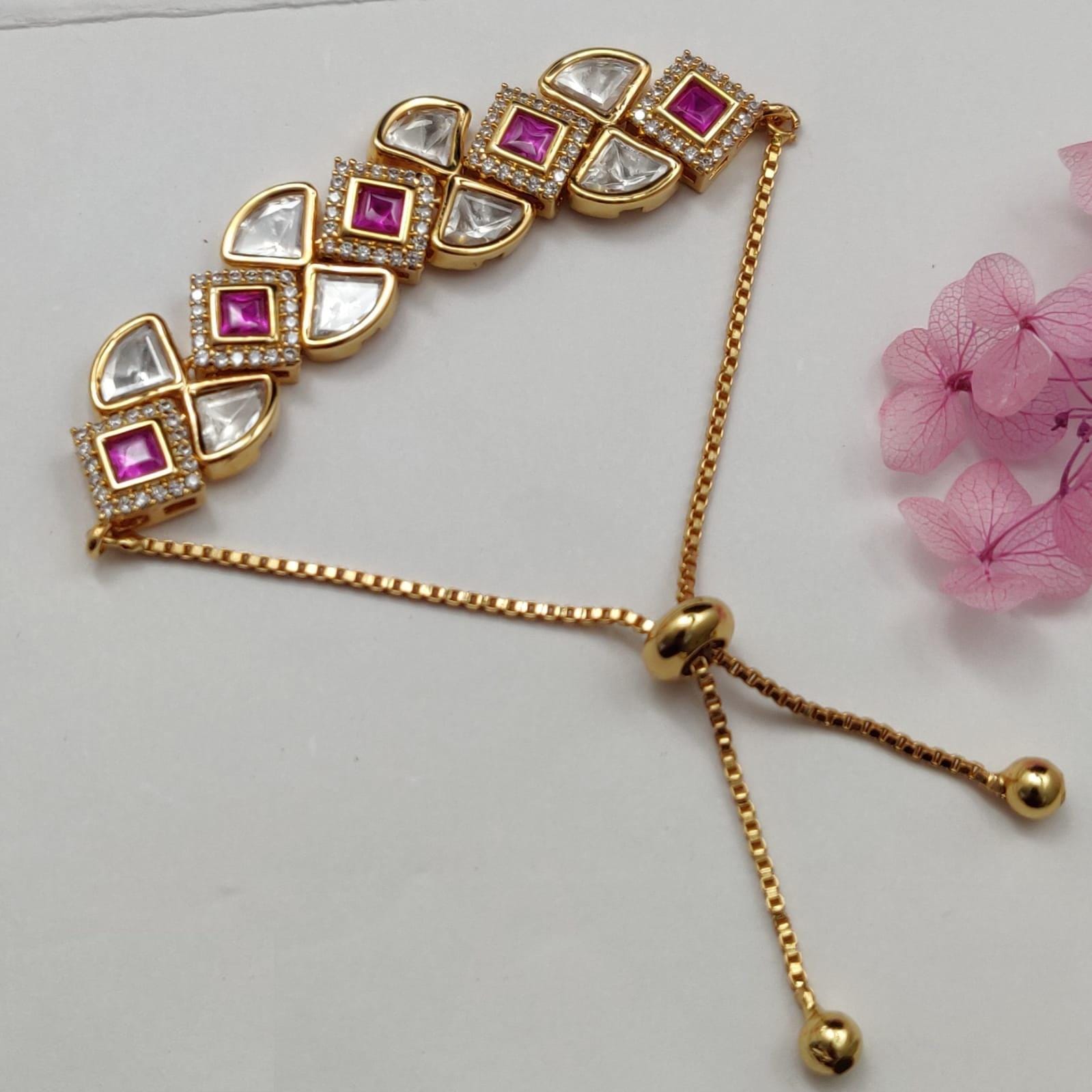 Designer Kundan Ruby Bracelet/ Golden Kundan CZ Chain Bracelet/ Kundan Adjustable Bracelet / Bridal Golden Chain Bracelet for Girls