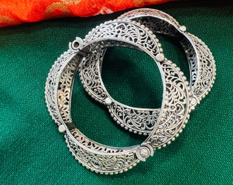 Oxidized 925 Silver Bangle Bracelet Pair: Ethnic Tribal