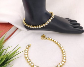 Tobilleras Kundan, Payal nupcial indio, joyería de latón (par)