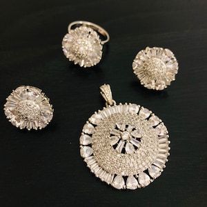 CZ Bridesmaid Pendant Set/ Silver Cubic Zirconia Flower Pendant set/ CZ Indian pendant set with studs and ring/ Bridesmaid Pendant Set
