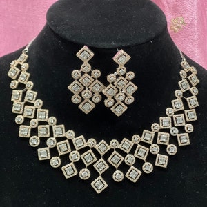 Bridal Victorian Rose Gold CZ Necklace / Cubic Zirconia Cocktail Necklace/ Victorian CZ Choker Necklace with long earrings/ Party Jewelry