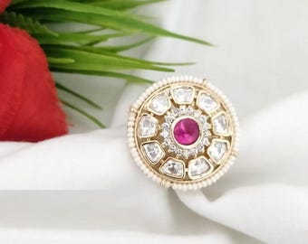 Anillo Kundan rosa rubí / Anillo Kundan nupcial ajustable con circonita cúbica dorada / Anillo llamativo rojo / Anillo Kundan blanco / Anillo Kundan rosa