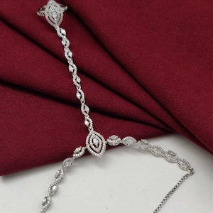 Silver Golden Cubic Zirconia Hand Bracelet/ Designer CZ Hathphool/ Silver HathPaan pair/ CZ Wedding Jewelry/ Rhodium Bridal Hand Jewelry