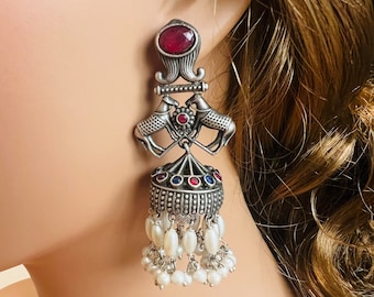 Brincos Jhumka de Prata Oxidada: Estilo Tribal Indiano, Pedras Simuladas