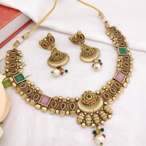 Gray Rajwadi Gold Necklace / Kundan Multicolor Necklace / Rajasthani Temple Jewelry / Handmade Rajwadi Golden Traditional Necklace