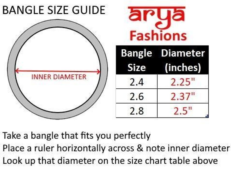 Puede incluir: Una tabla de tallas de pulseras con un diagrama que muestra c&oacute;mo medir el di&aacute;metro interior de una pulsera. La tabla muestra las tallas de pulseras en pulgadas, que van de 2,4 a 2,8 pulgadas.