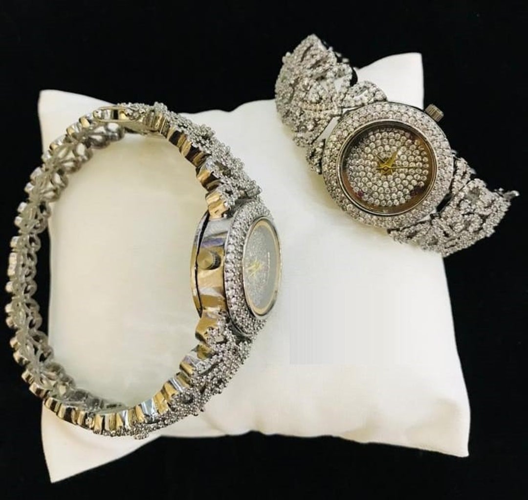 New Ladies Gold CZ iced out quartz watch and matching CZ bracelet set Cz Iced Out Watches main image 2