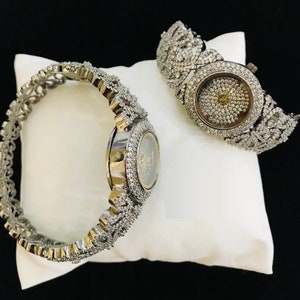 Iced Out Gold CZ Watch/ Urban Jewelry/ Cubic Zirconia Watch/ Hip Hop Watch/ Solitaire Bezel|/ Quartz Watch/ Rhinestones Bracelet Gift Watch