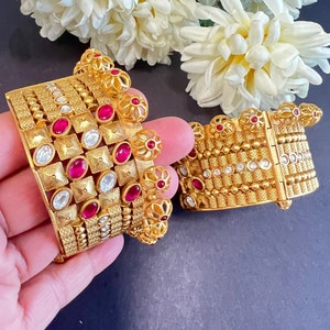 Jadau Golden Rajwadi Bangles Sabyasachi Inspired Bangles  Rajasthani Kundan Openable Bracelet Kada Bridal Ruby Kundan bracelet