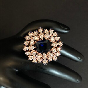 Rose Gold CZ Ring / Blue Statement Ring / Cubic Zirconia Ring/ American Diamond  Cocktail Ring / Adjustable Ring / Blue Bridal Ring
