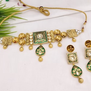 Golden Kundan Meenakari Necklace / Kundan Jadau Choker Necklace / Rajwadi Rajasthani Jewelry / Handmade Rajwadi Golden Traditional Necklace