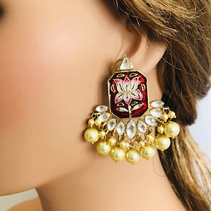 Lotus Chandbali/ Red Meenakari Chandbali/ Sabyasachi Chandbali Earrings/ Golden Pearl Bridal Chandbali/ Traditional Indian Kundan Earrings