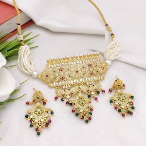 Rajwadi Golden Choker / Kundan Meenakari Jadau Necklace / Rajasthani Temple Jewelry / Handmade Rajwadi Golden Traditional Necklace