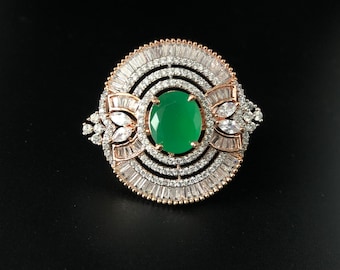 Emerald Green Rose Gold CZ Ring | Emerald Cubic Zirconia Ring / Bridal American Diamond Statement Ring/Indian Jewelry/Bollywood Jewelry