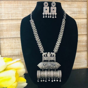 Lange olifant thema geoxideerde zilveren ketting/blauwe tribal verklaring ketting/geoxideerde zilveren sieraden/Duitse zilveren verklaring ketting