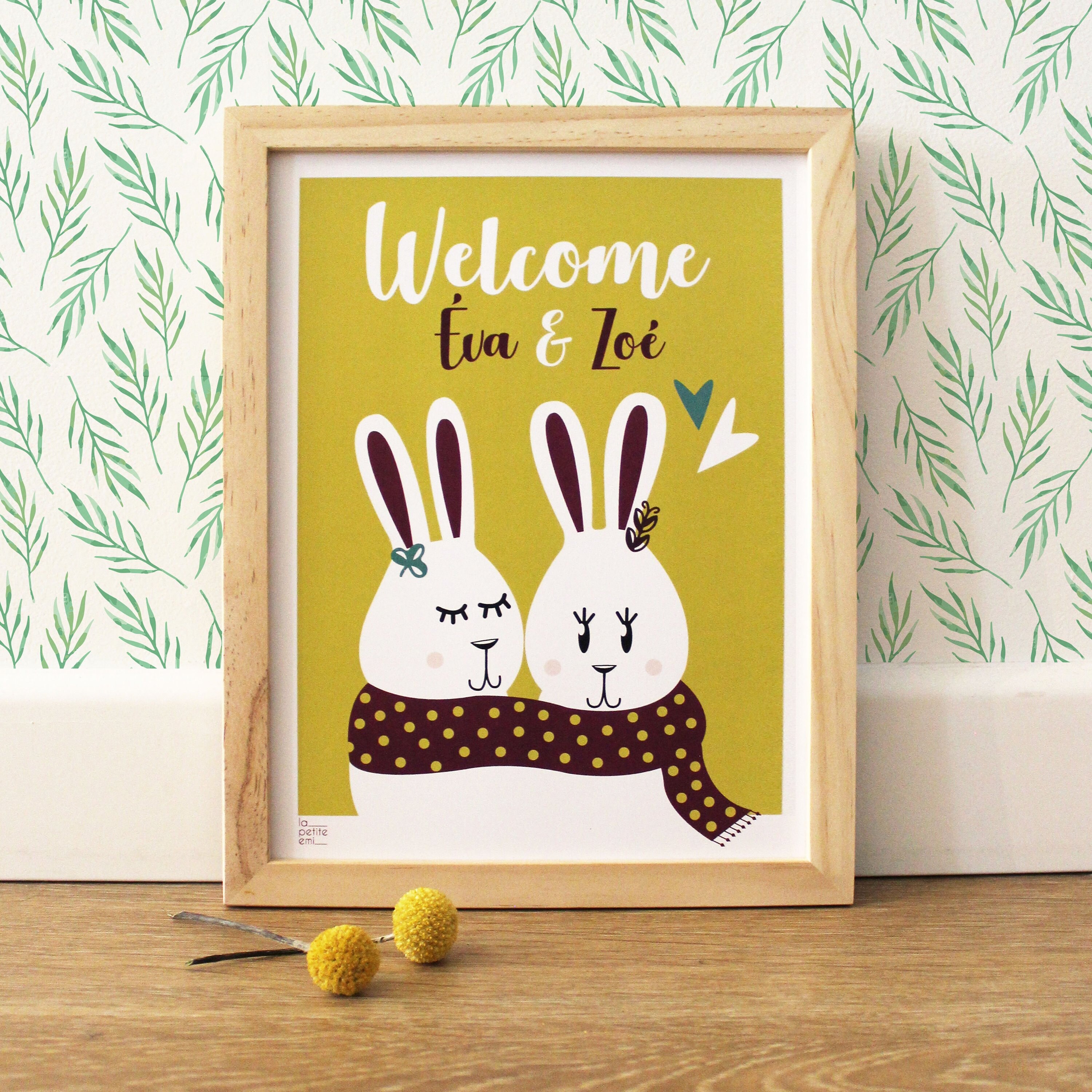 Affiche Bébé Personnalisée - Jumelles Lapin