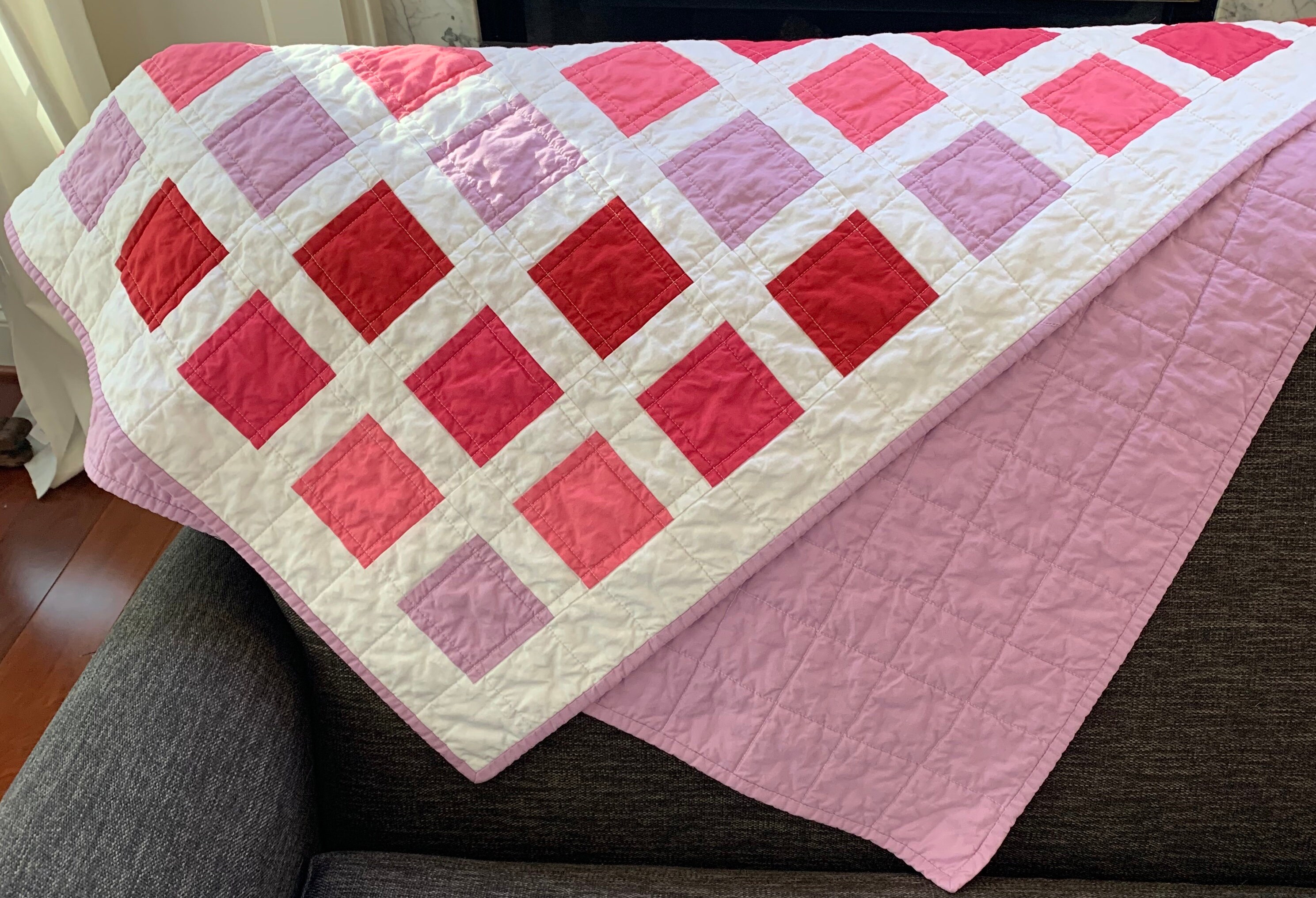 Handmade Pink and lavender Baby Quilt, cotton quilt, Baby Quilt, 27x42