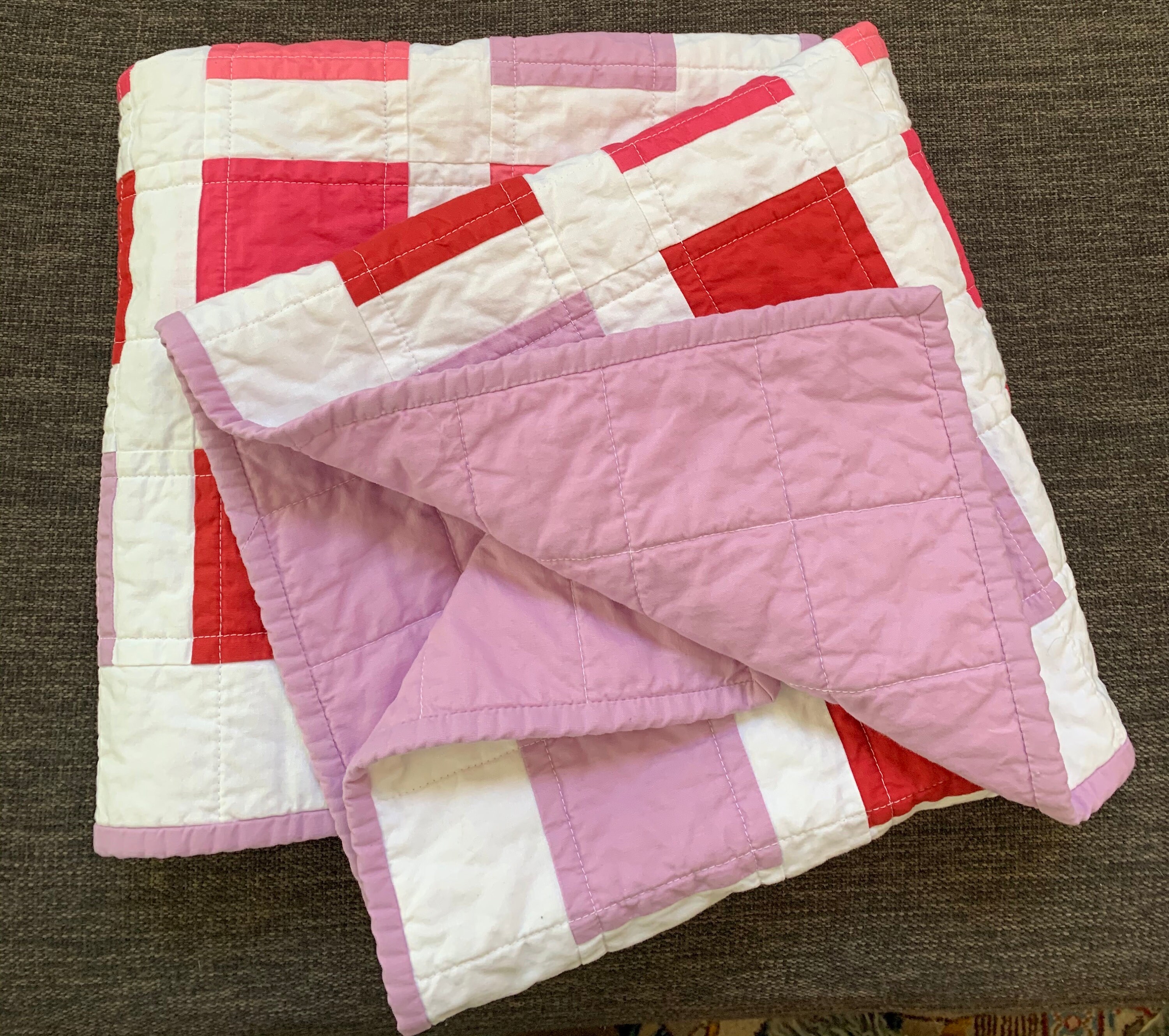 Handmade Pink and lavender Baby Quilt, cotton quilt, Baby Quilt, 27x42