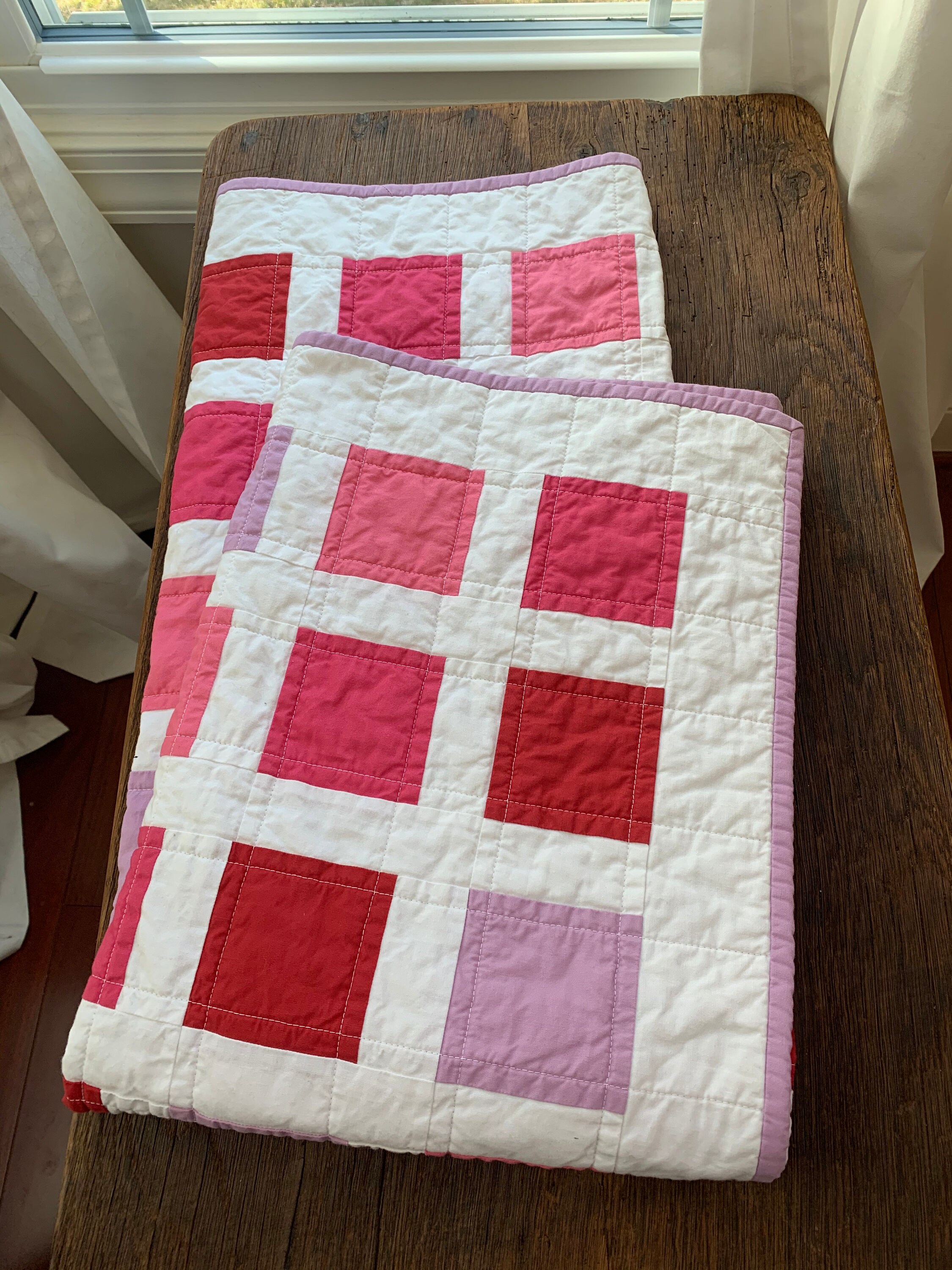 Handmade Pink and lavender Baby Quilt, cotton quilt, Baby Quilt, 27x42
