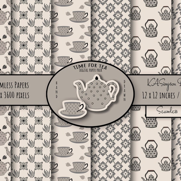 Gray, Ivory and Black "Time for Tea" Seamless Digital paper Pack