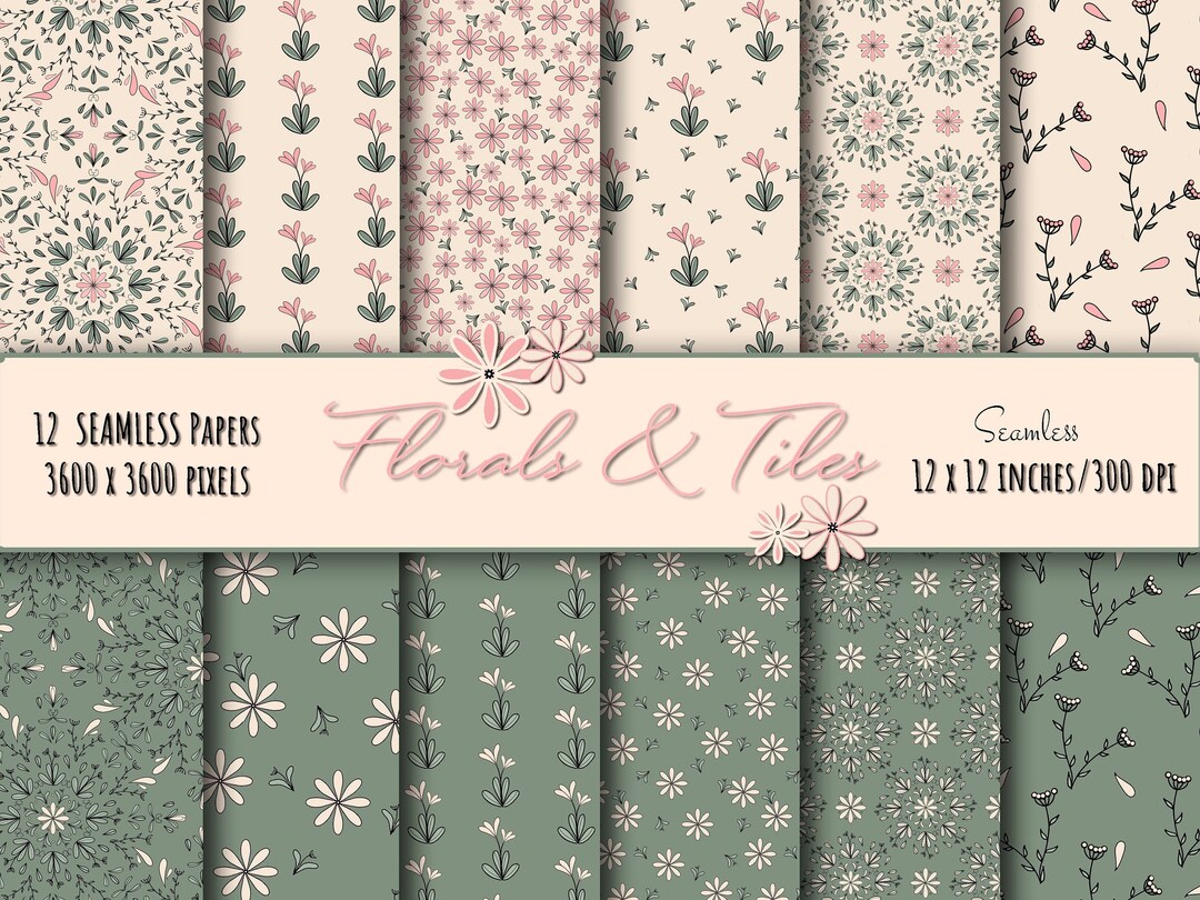 Floral Digital Paper Pack – Seamless Pink, Green & Ivory (digital ...