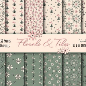 May include: Twelve seamless digital paper patterns featuring floral and tile designs in pink, green, and white. The patterns are 3600 x 3600 pixels and are 12 x 12 inches at 300 DPI.