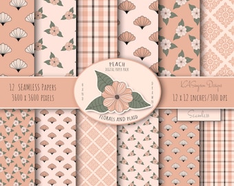 Peach Floral Art Deco Digital Paper Pack (Seamless)