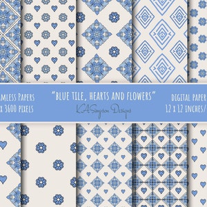 Blue Tile, Hearts and Flowers-Seamless Digital paper Pack