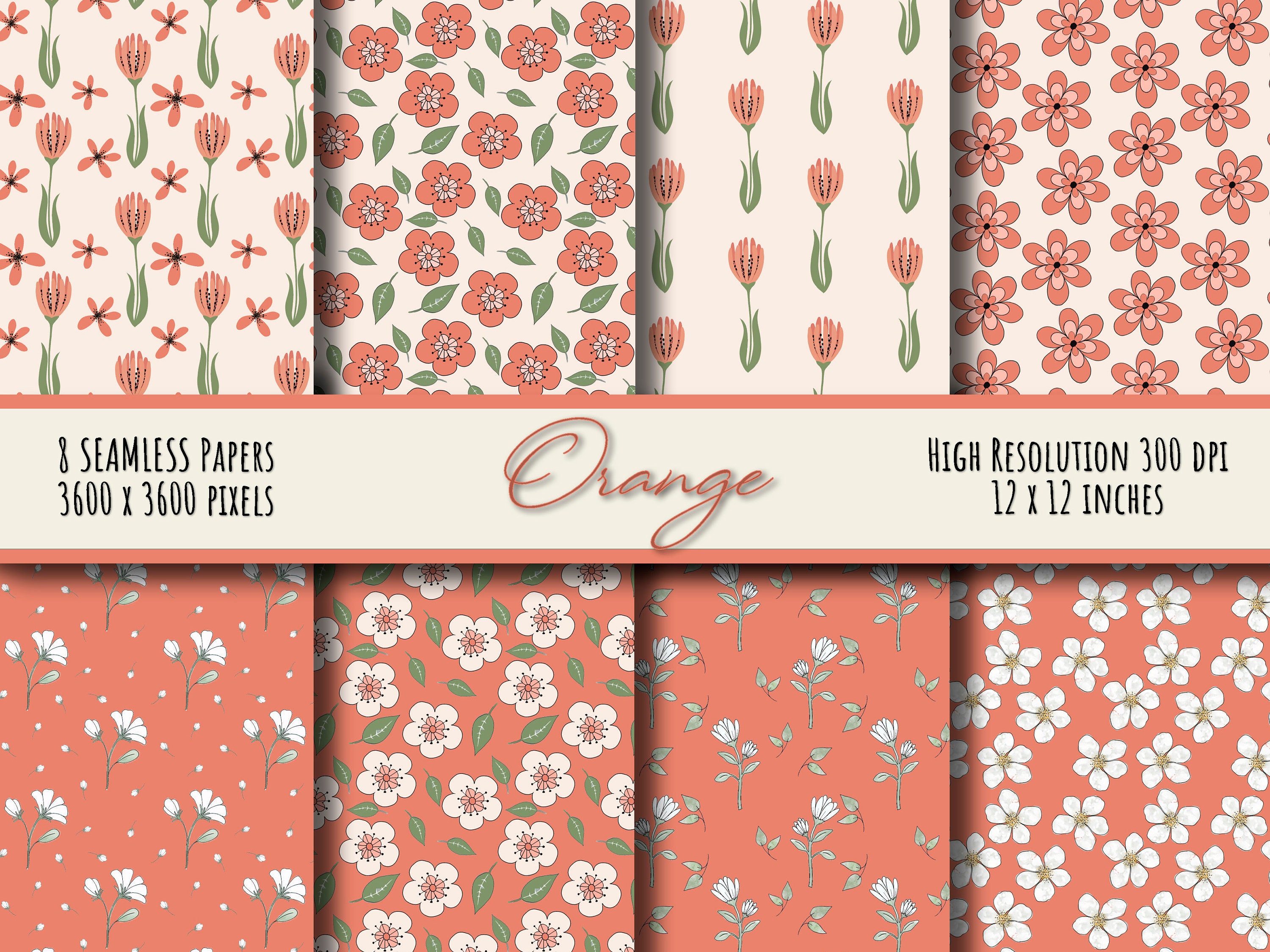 Orange Floral Hand Drawn Seamless Digital Paper Pack - Etsy