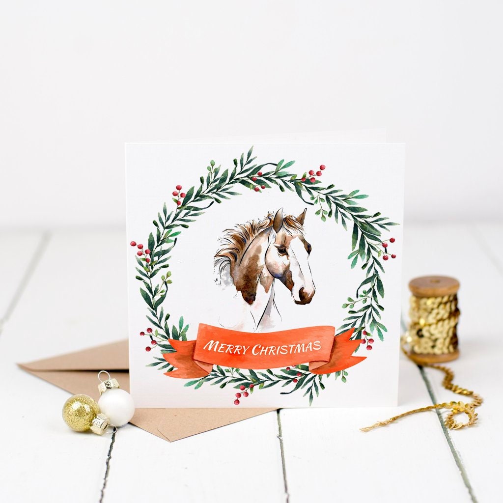 Horse Merry Christmas Card for Gift Watecolor Picture Prints | Etsy