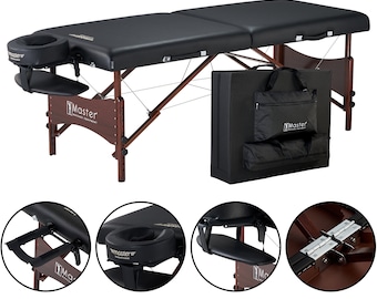 Master Massage 30" Newport Portable Massage Table Pillows Accessories Package with Walnut Stained Hardwood, Steel Support Cables, Black