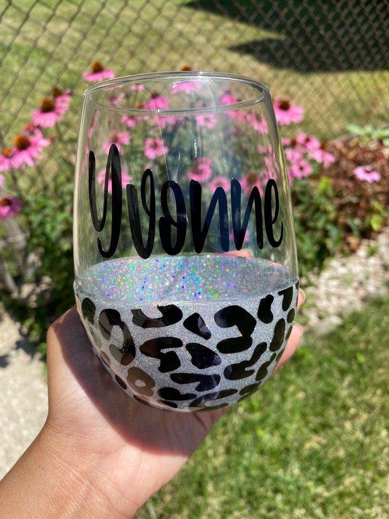 Personalized Glitter Stemless Wine Glass Leopard Print Wine Etsy