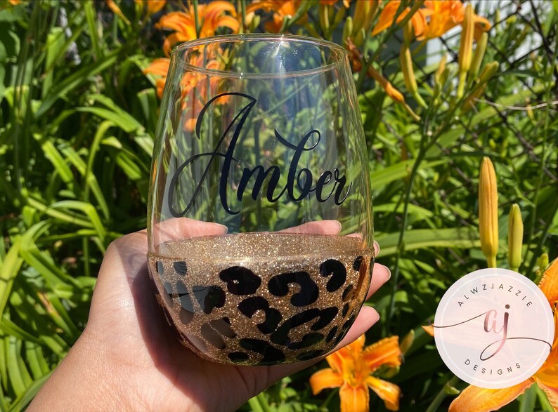 Personalized Glitter Stemless Wine Glass Leopard Print Wine Etsy