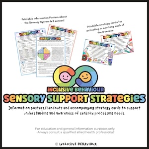 May include: An image showing educational posters and strategy cards about the sensory system and 8 senses. The text includes "Sensory Support Strategies" and "Inclusive Behaviour". The materials are designed to support understanding of sensory processing needs.