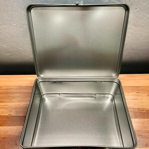 Pu&ograve; includere: Una lunch box in metallo argentato con maniglia e chiusura. La lunch box &egrave; aperta e vuota.