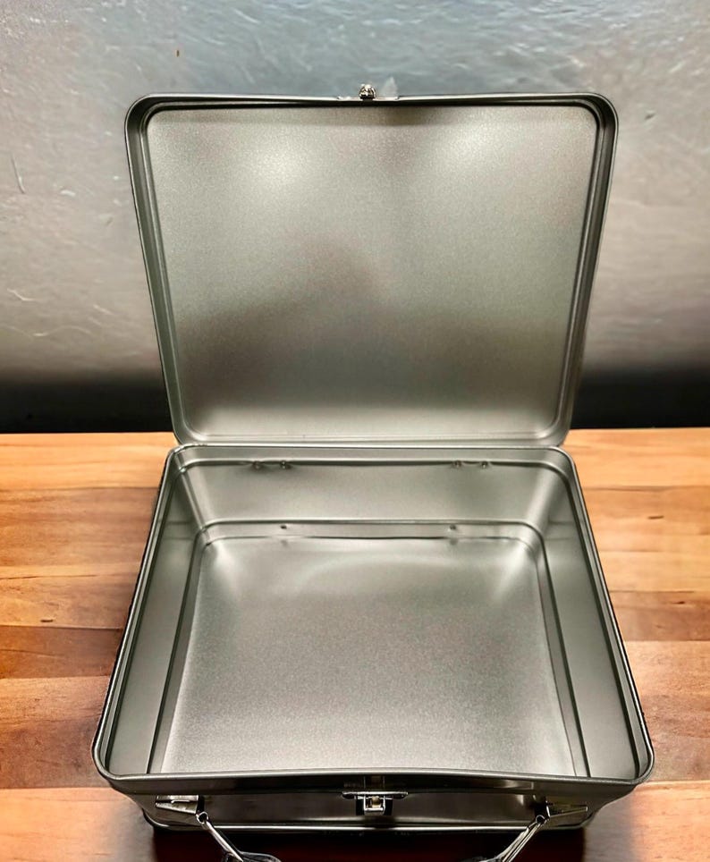 Pu&ograve; includere: Una lunch box in metallo argentato con maniglia e chiusura. La lunch box &egrave; aperta e vuota.