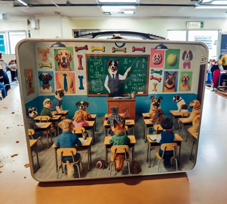 May include: A vintage metal lunchbox with a colorful illustration of dogs in a classroom setting. The teacher dog is at the front of the class, wearing a suit and tie, and holding a pointer. The students are sitting at desks, wearing clothes and hats. The chalkboard behind the teacher says "Dog Tricks".