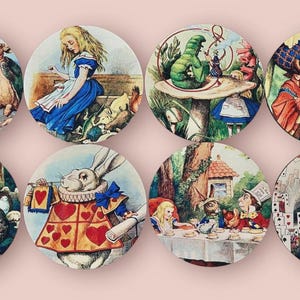 May include: A set of eight circular coasters featuring colorful illustrations from Alice in Wonderland. Each coaster depicts scenes including Alice with the Gryphon, the Caterpillar, the Queen of Hearts, the Dodo, the White Rabbit, and the Mad Hatter.