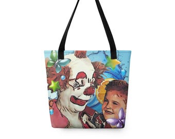 Borsa tote con stampa surreale di un clown in stile Pop Art – Borsa a tracolla con stampa grafica colorata su tutta la superficie