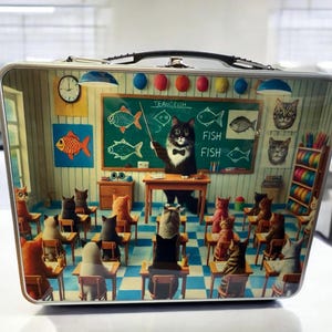Pu&ograve; includere: Una scatola per il pranzo in metallo con un'illustrazione colorata di un insegnante gatto che istruisce una classe di gatti. L'insegnante indossa un papillon e tiene un puntatore. L'aula ha una lavagna con le parole "TEAN-CISH FISH FISH" scritte su di essa. La scatola per il pranzo ha una maniglia.
