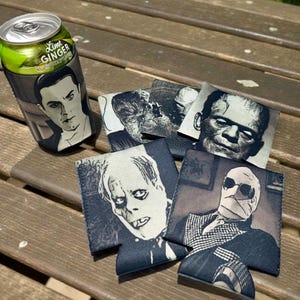 Classic Horror Monster Koozie Set of 6, Neoprene Can Cooler, Halloween Drink Sleeves, Vintage Monster Gift, Spooky Barware Set image 1